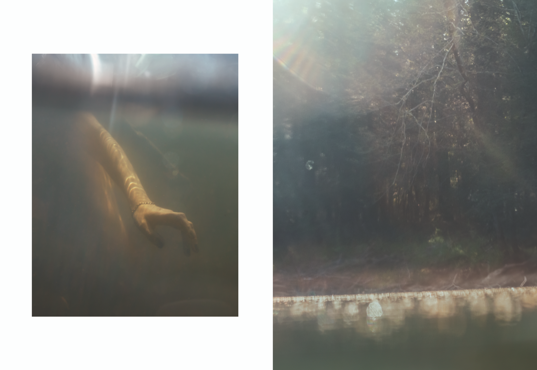 A split-screen artistic photograph. The left panel shows an underwater view with a human arm reaching upward through murky water.